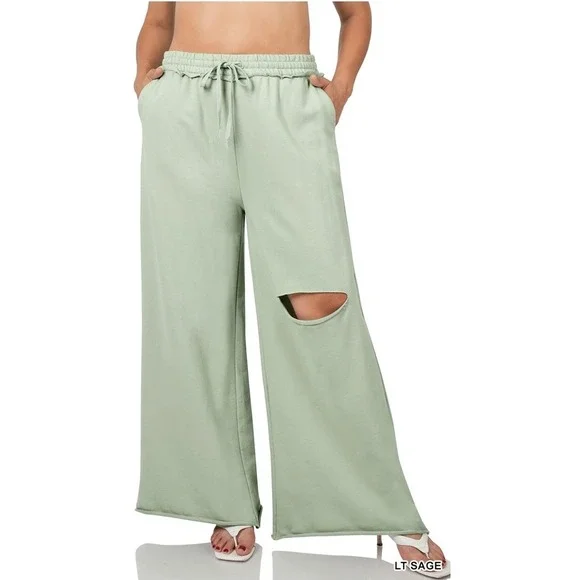 Zenana Light Sage Plus French Terry Laser Cut Wide Leg Pants - Picture 1 of 1